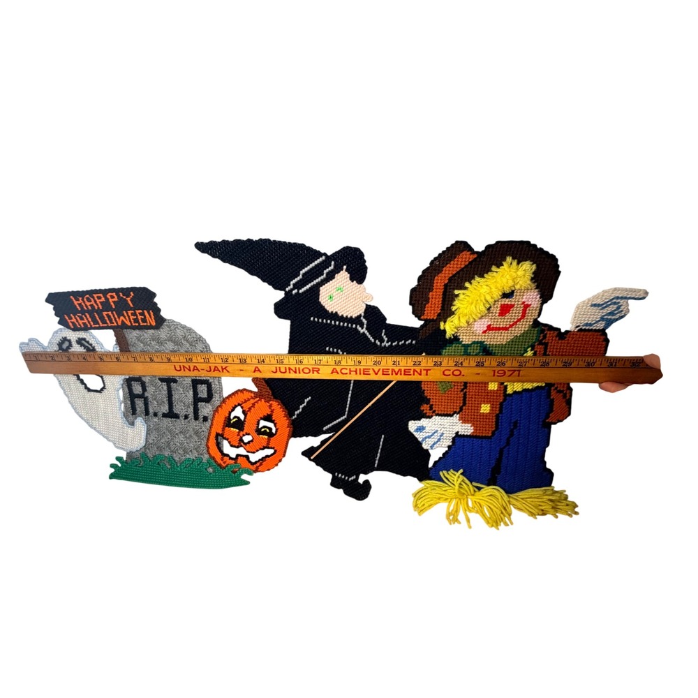 VTG Handmade Yarn Needlepoint Witch Ghost Scarecrow Tombstone Wall Hanging Decor - Picture 11 of 12